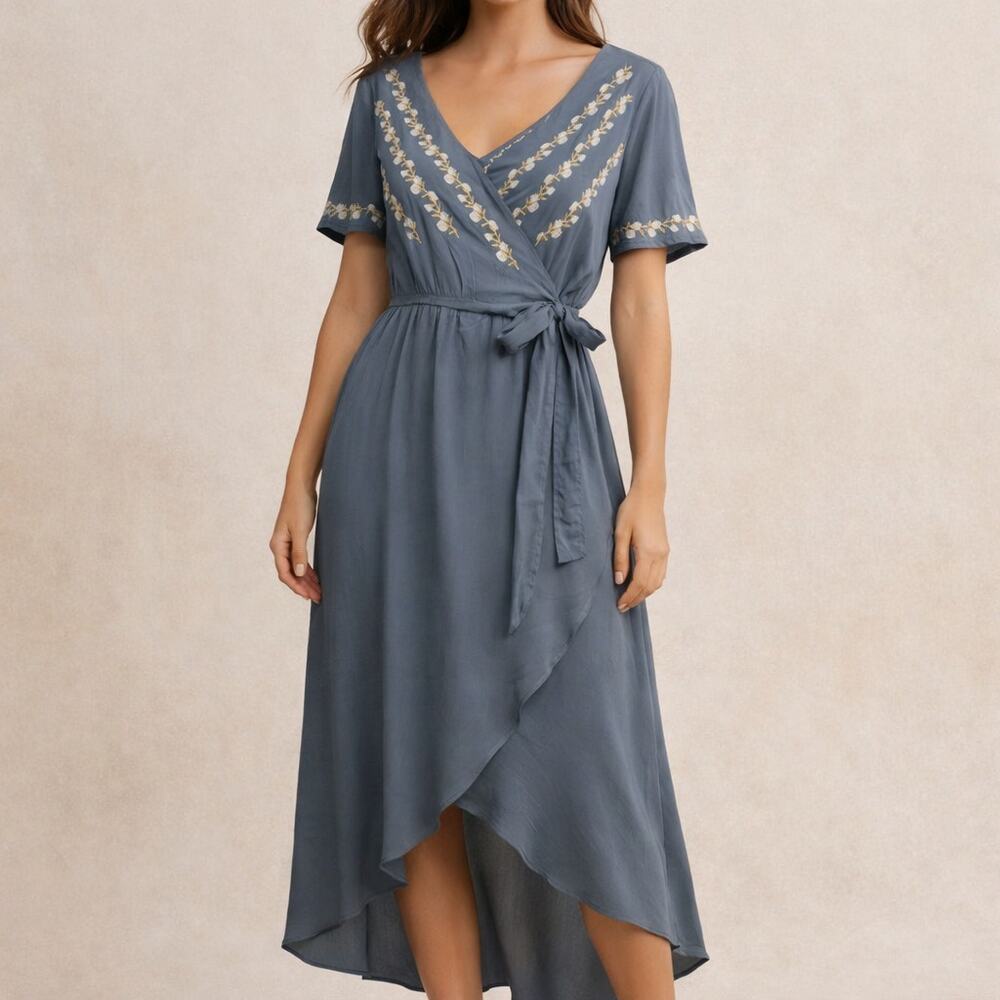 Gray Embroidered Floral Wrap Maxi Dress Flutter Sleeve Boho Cottagecore Sz S